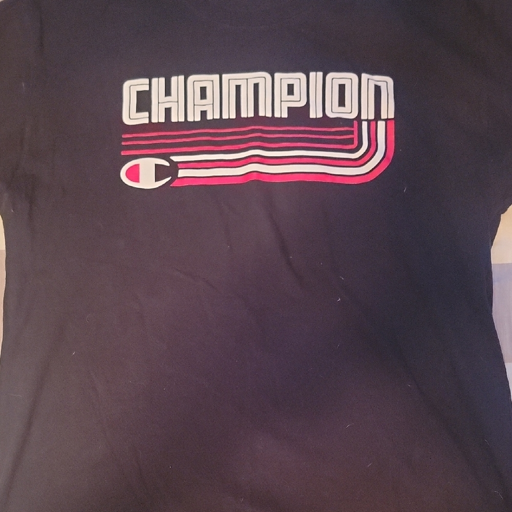 Champion Black Tee with Retro Red and White Design